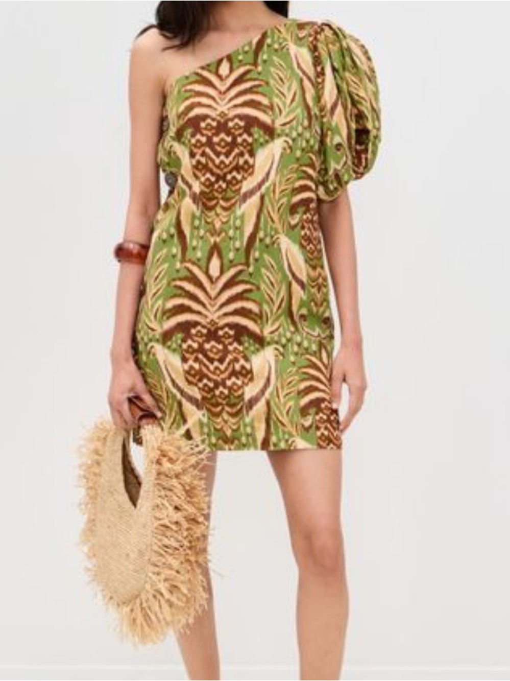 FARM Rio One-Shoulder Tropical Print Mini Dress in Green and Brown
